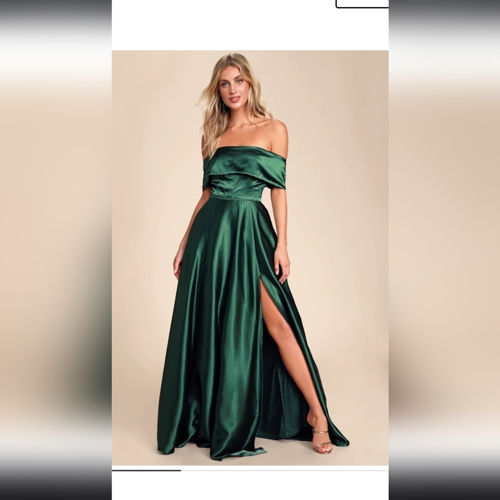 Lulus Elegant Green Off-Shoulder Evening Gown